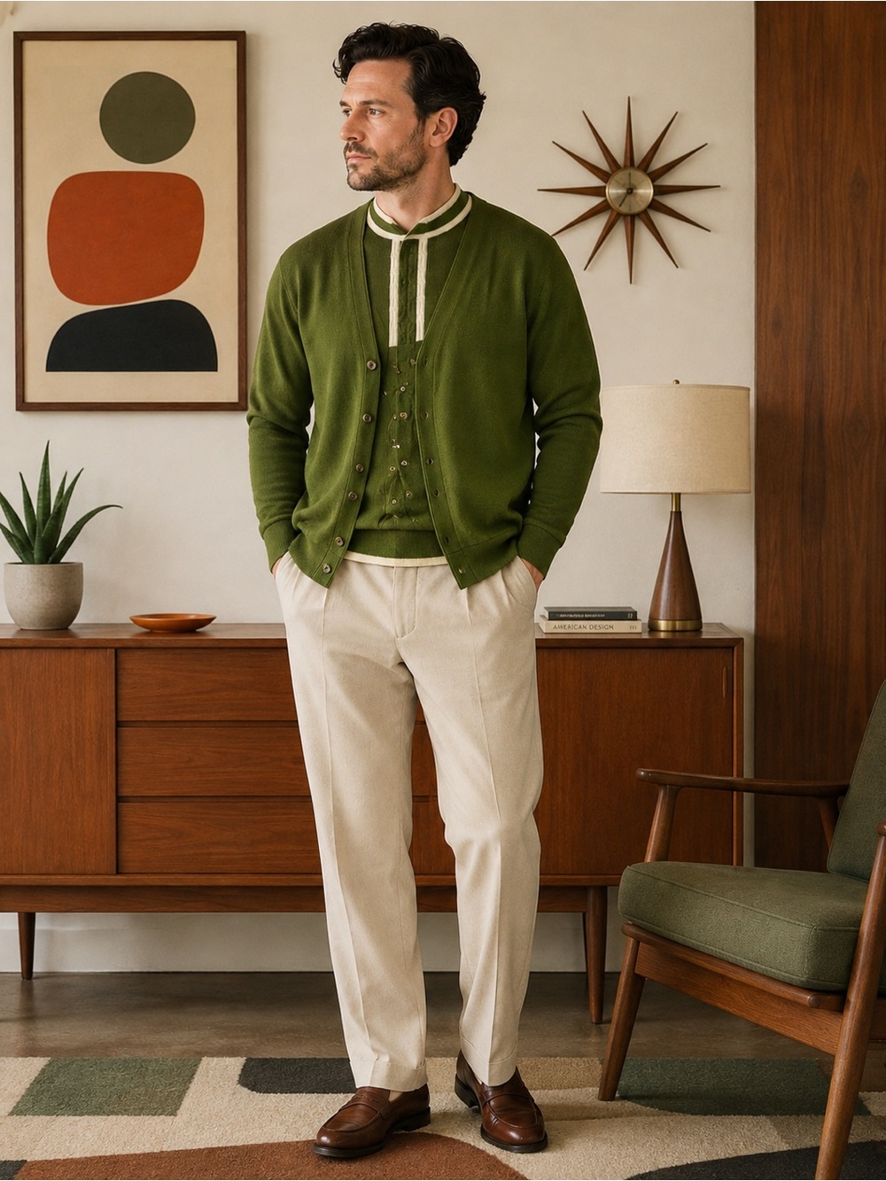Mens Large Mod 2 Piece Sweater Set Mock Turtleneck Green Cardigan MCM SEE ALL.
